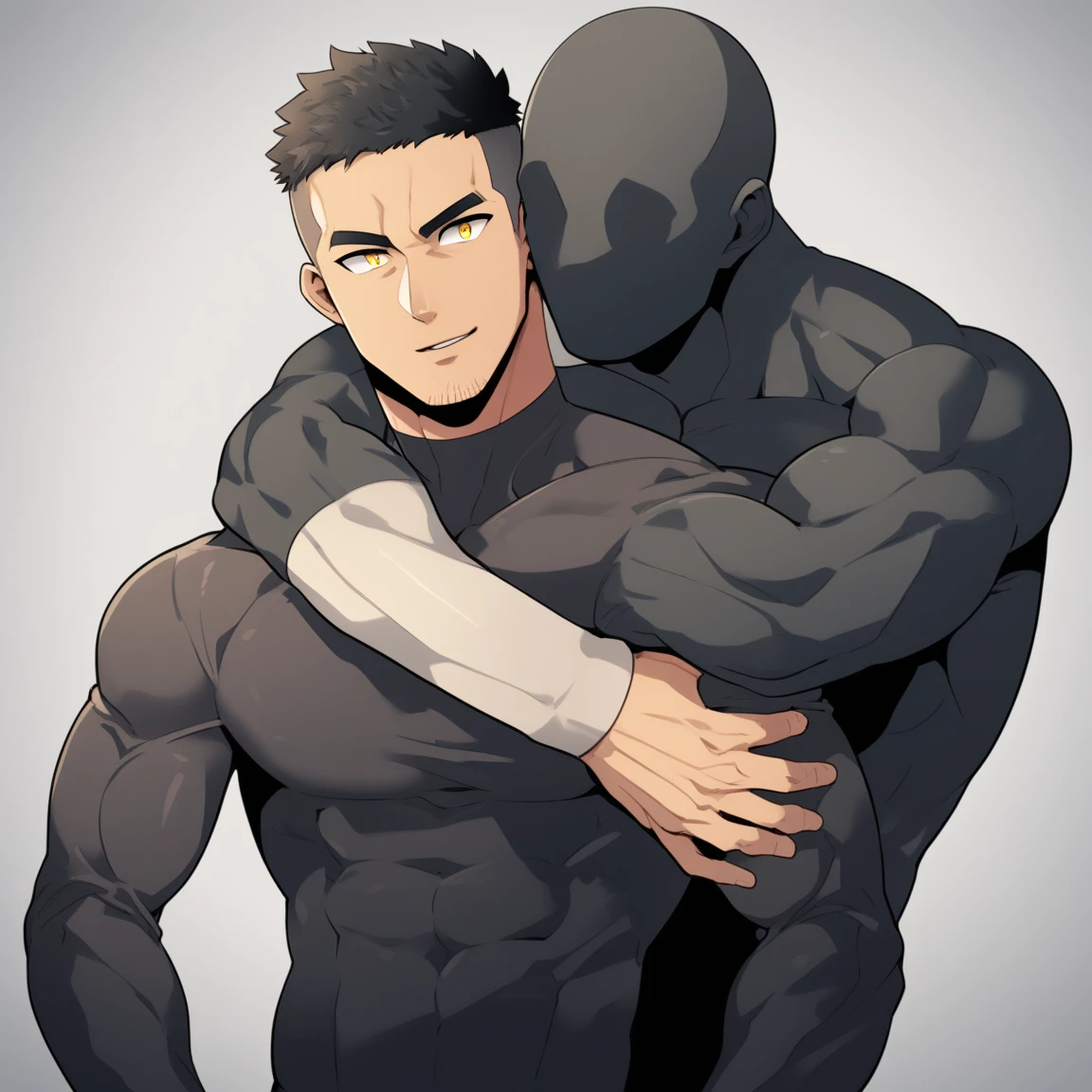 anime characters：Two superheroes in tights, Muscle Sports Student and Muscle No Face No Eyes skinhead superhero, No Face，????? black skin, They hugged and kissed each other, Bite your neck, Caress, Manliness, male focus, Yellow and black high collar long sleeve tight T-shirt, Slightly transparent material, Very tight, Round, full and perky chest muscles, Muscle waist, Slightly transparent, muscular male, muscular, only, Upper body, alone, Black short hair, Thick eyebrows, stubble, Yellow eyes, Grey background, simple background, amazing quality, best aesthetics, Ridiculous, bright pupils, crew cut, parted lips, seductive smile, torogao, naughty face, drop shadow, best quality
