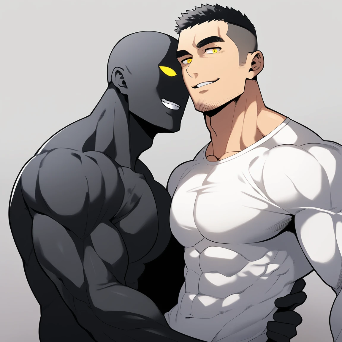 anime characters：Two superheroes in tights, Muscle Sports Student and Muscle No Face No Eyes skinhead superhero, No Face，negro black skin, They hugged and kissed each other, Bite your neck, Caress, Manliness, male focus, Yellow and black high collar long sleeve tight T-shirt, Slightly transparent material, Very tight, Round, full and perky chest muscles, Muscle waist, Slightly transparent, muscular male, muscular, only, Upper body, alone, Black short hair, Thick eyebrows, stubble, Yellow eyes, Grey background, simple background, amazing quality, best aesthetics, Ridiculous, bright pupils, crew cut, parted lips, seductive smile, torogao, naughty face, drop shadow, best quality