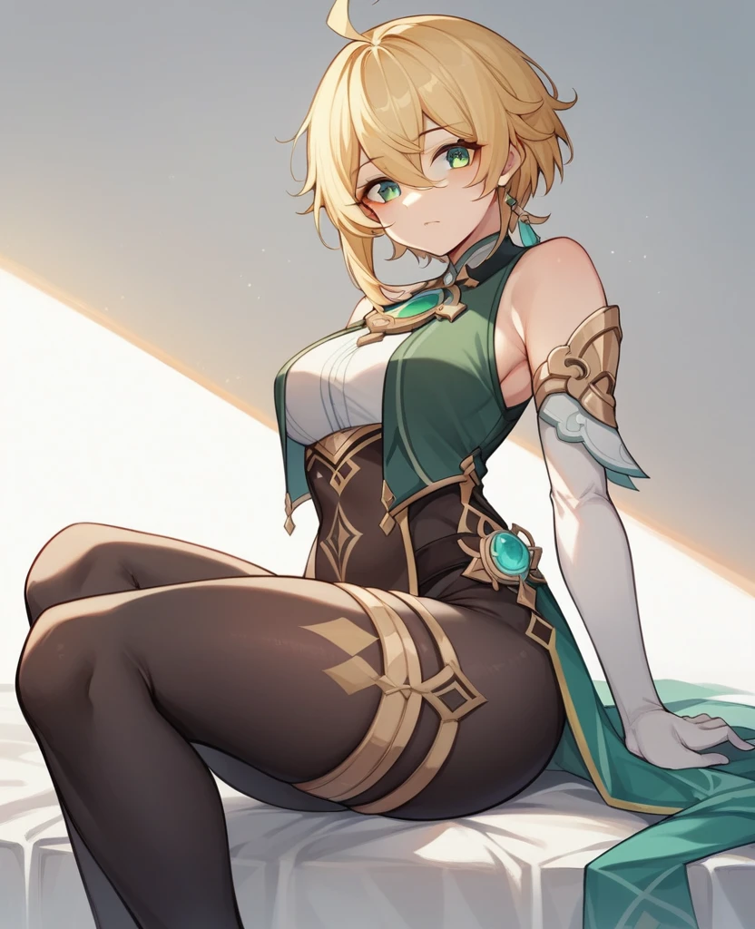 （One girl）、((short hair))、((Blonde))、[[Genshin Impact]]、((Anime Style))、(beautiful girl)、medium breasts、plump、[Big thighs]、green eyes、wizard、Black Vest、black leggings、White sleeveless、((hairs between eyes))、(long gloves)、(say)、((see-through))
