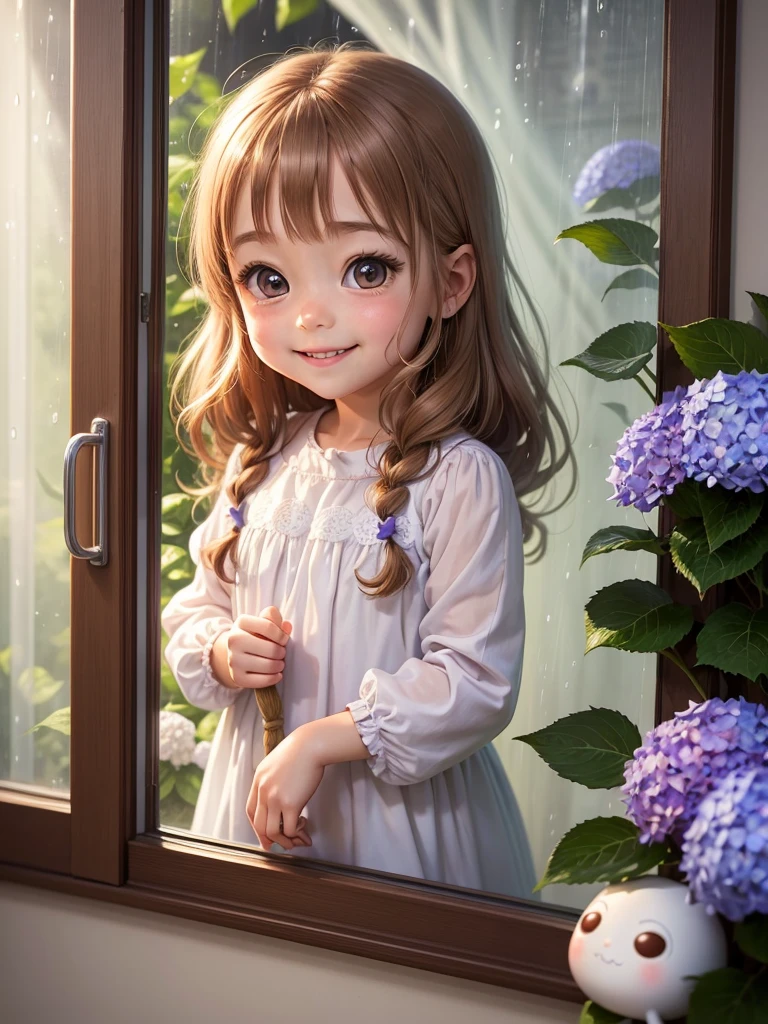 Best picture quality, fairy tale world, cute little 5 year old girl smiling happily, amazingly big shining eyes, long eyelashes, chestnut hair, , friendly and bright smile, teru teru bozu hanging by the window, looking out the window, hydrangea blooming outside the window in the pouring rain,,