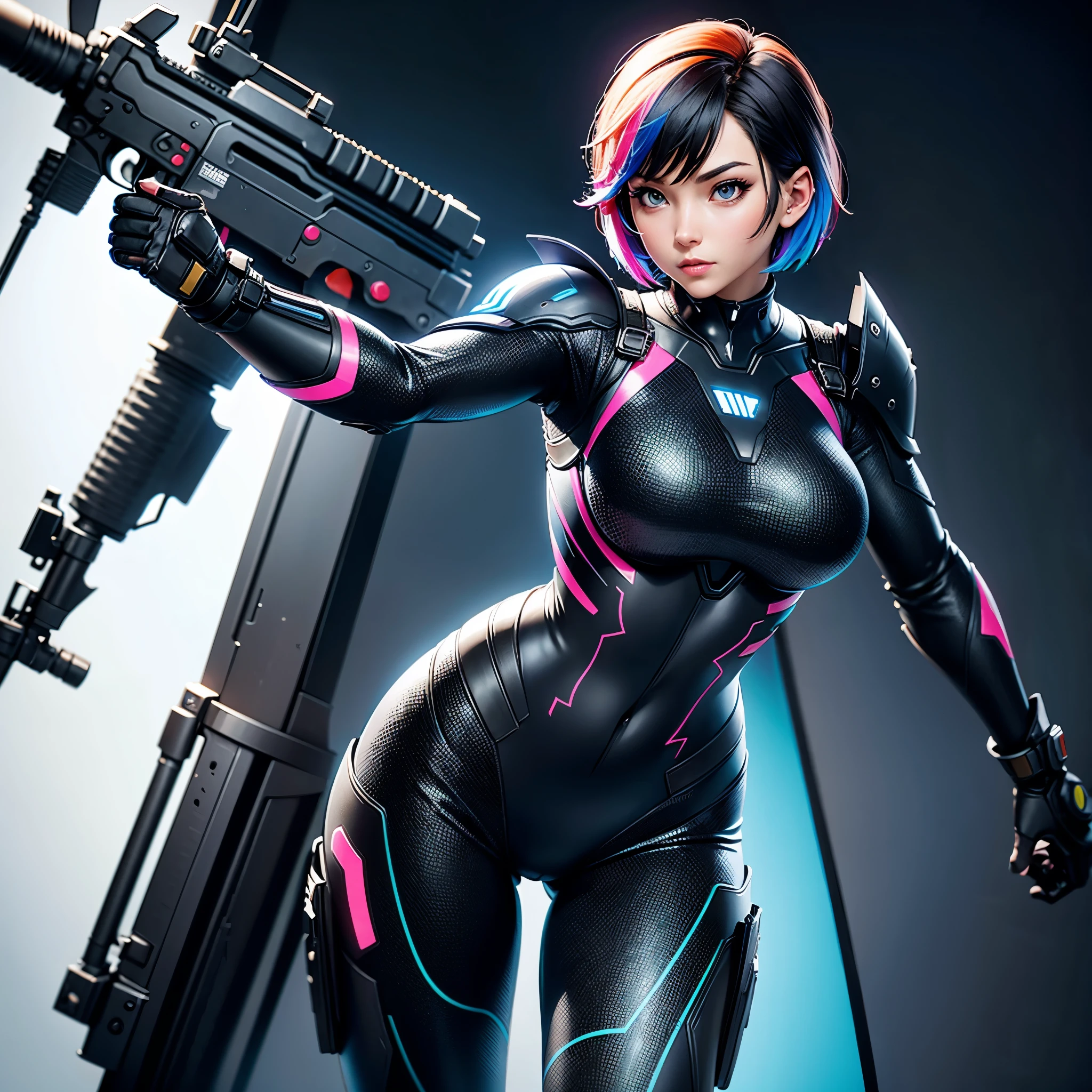((best quality)), ((highly detailed)), masterpiece, ((official art)), (Ruby Rose),(widowsuit:1.2) (pink bodysuit),,smile,medium breasts, (tattoo), (arm tattoo:1.2), best quality, masterpiece, intricate details, tonemapping, sharp focus, hyper detailed, trending on Artstation,1 girl, solo