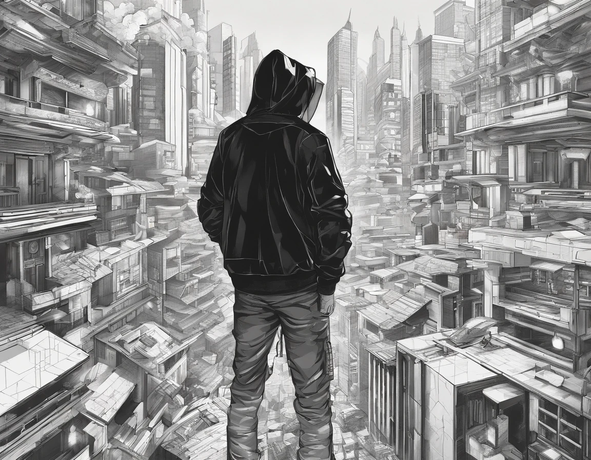 a 20-year-old boy in black, who has a hood and his body emanates a type of hot steam as if they were spontaneously combusting, which is a drawing