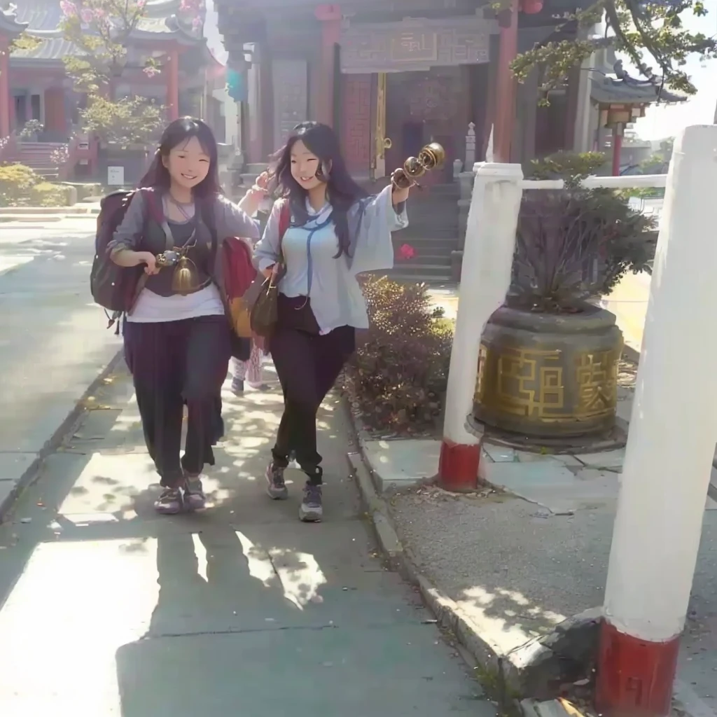 woman walking by a clock on the sidewalk,holding bells,in a temple,bell ringing,sunny day,holding golden bells,chinese temple,in front of temple,students,sunny day,friendship,beautiful,no people,iPhone captured,selfie,nice weather
