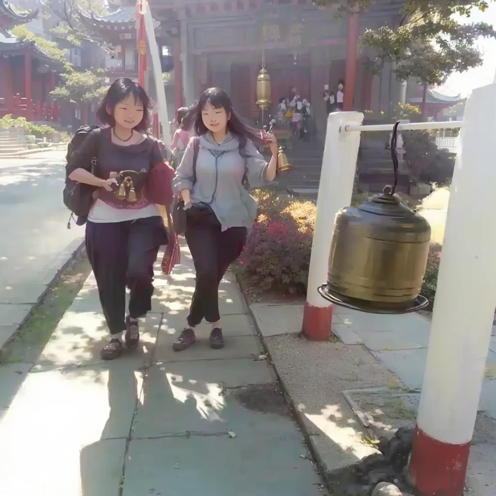 woman walking by a clock on the sidewalk,holding bells,in a temple,bell ringing,sunny day,holding golden bells,chinese temple,in front of temple,students,sunny day,friendship,beautiful,no people,iPhone captured,selfie,nice weather