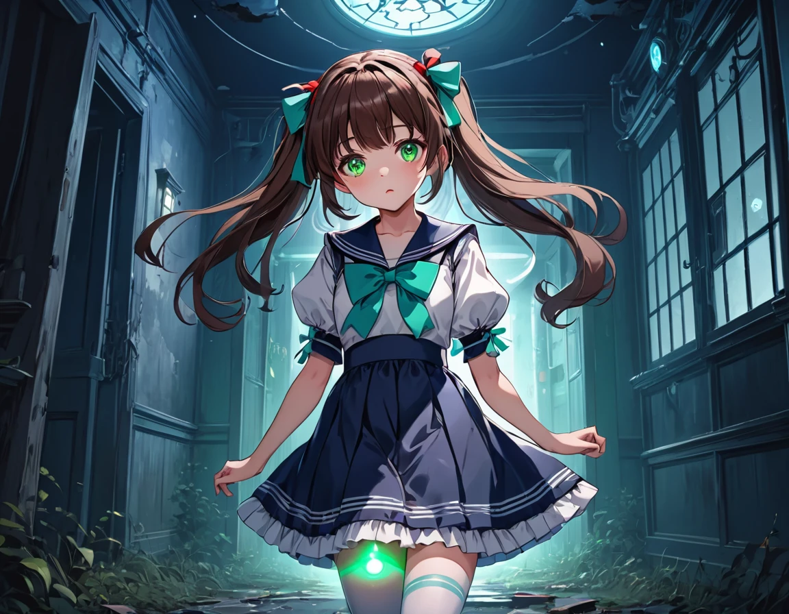 (best quality,4k,highres) A cute 15 years old japaneese girl, drawn in anime style, futuristic, Frutiger aero aesthetic, sci-fi, is afraid, jade green eyes, long brown hair, ribbon headband, small breast, white and blue futuristic sailor lolita dress with puffy sleeves, school crest, red ribbon, navy blue pantyhose, High tech sport shoes with glowing parts, holding a flashlight, screaming in horror, in a abandoned haunted mansion, running away from a creepy ghost, at night, moonlight, low brightness, darkness, highly detailed, 4K.
