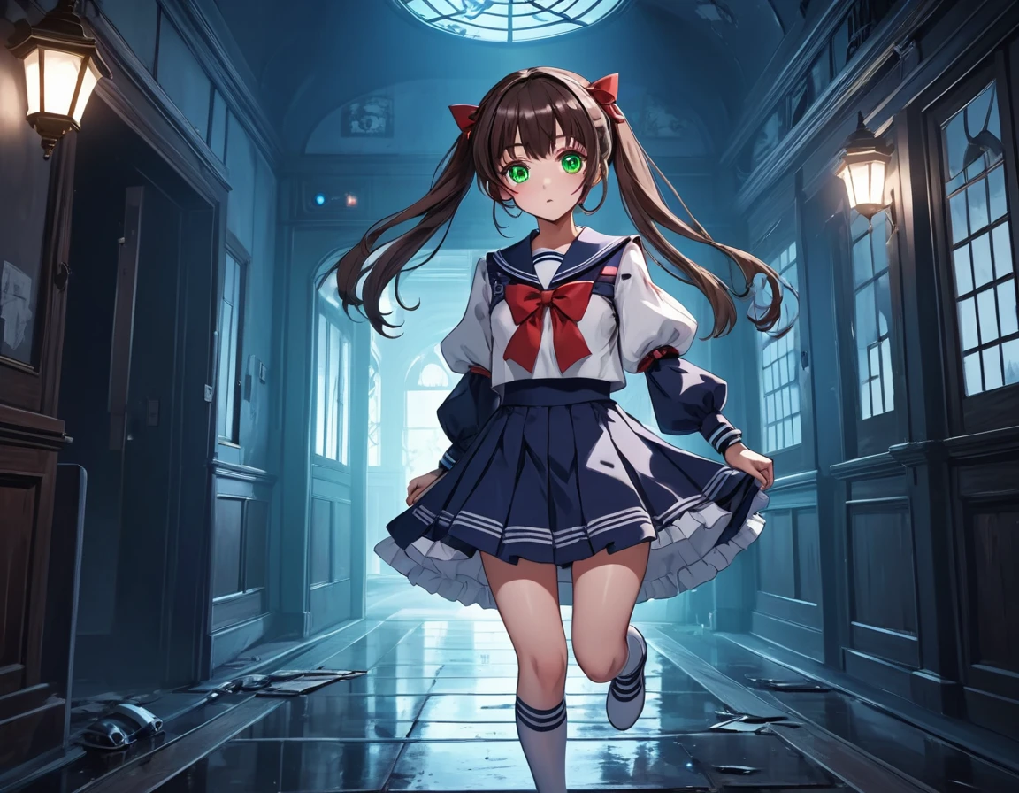 (best quality,4k,highres) A cute 15 years old japaneese girl, drawn in anime style, futuristic, Frutiger aero aesthetic, sci-fi, is afraid, jade green eyes, long brown hair, ribbon headband, small breast, white and blue futuristic sailor lolita dress with puffy sleeves, school crest, red ribbon, navy blue pantyhose, High tech sport shoes with glowing parts, holding a flashlight, screaming in horror, in a abandoned haunted mansion, running away from a creepy ghost, at night, moonlight, low brightness, darkness, highly detailed, 4K.