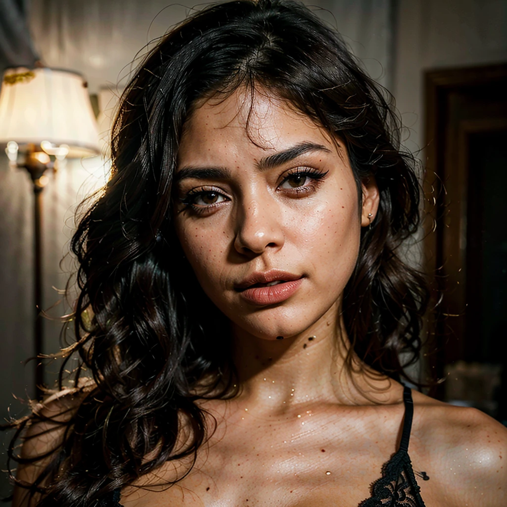 Sexy woman, Albanian, 30 years, cute, neat face, detailed, small neat nose, neat plump lips, big eyes, brown eyes, Alice Milano, long hair, curly hair, natural shine, chocolate hair, full body portrait, focus on face, look back, without makeup, gorgeous, city girl, western, hot girl, fog, haze, sweaty, dripping, hot girl, laying on the bed, lies on the stomach, shows the buttocks, rose petals, beautiful face, sunlit, in attic, covered in flowers and petals, godrays, cozy, wet skin, morning dew, backlighting, hazy, golden hour, morning light, erotic mood, alone, countryside, shy, masterpiece, best quality, ultra-detailed, solo, smoke, shadows, contrast, close-up, cinematic light, side lighting, ultra high resolution, best shadow, RAW, 4k, sexy, cleavage