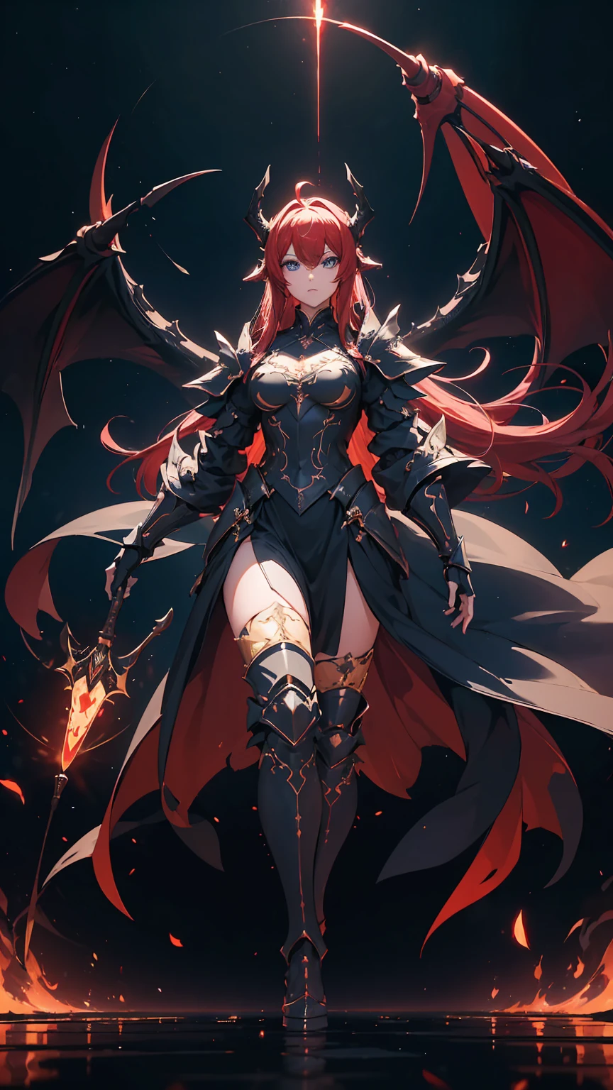 (masterpiece), (best quality), (high uqality), (8k), girl, (full-body), dragon armor, intricate details, red glow, short shilver hair, back messy hair, detailed hair strands, light blue eyes, dominance expression, walking in lesser caotic place as she rule the world, fire background, and dragons in the night sky, fierce aura, (high quality ilumination)