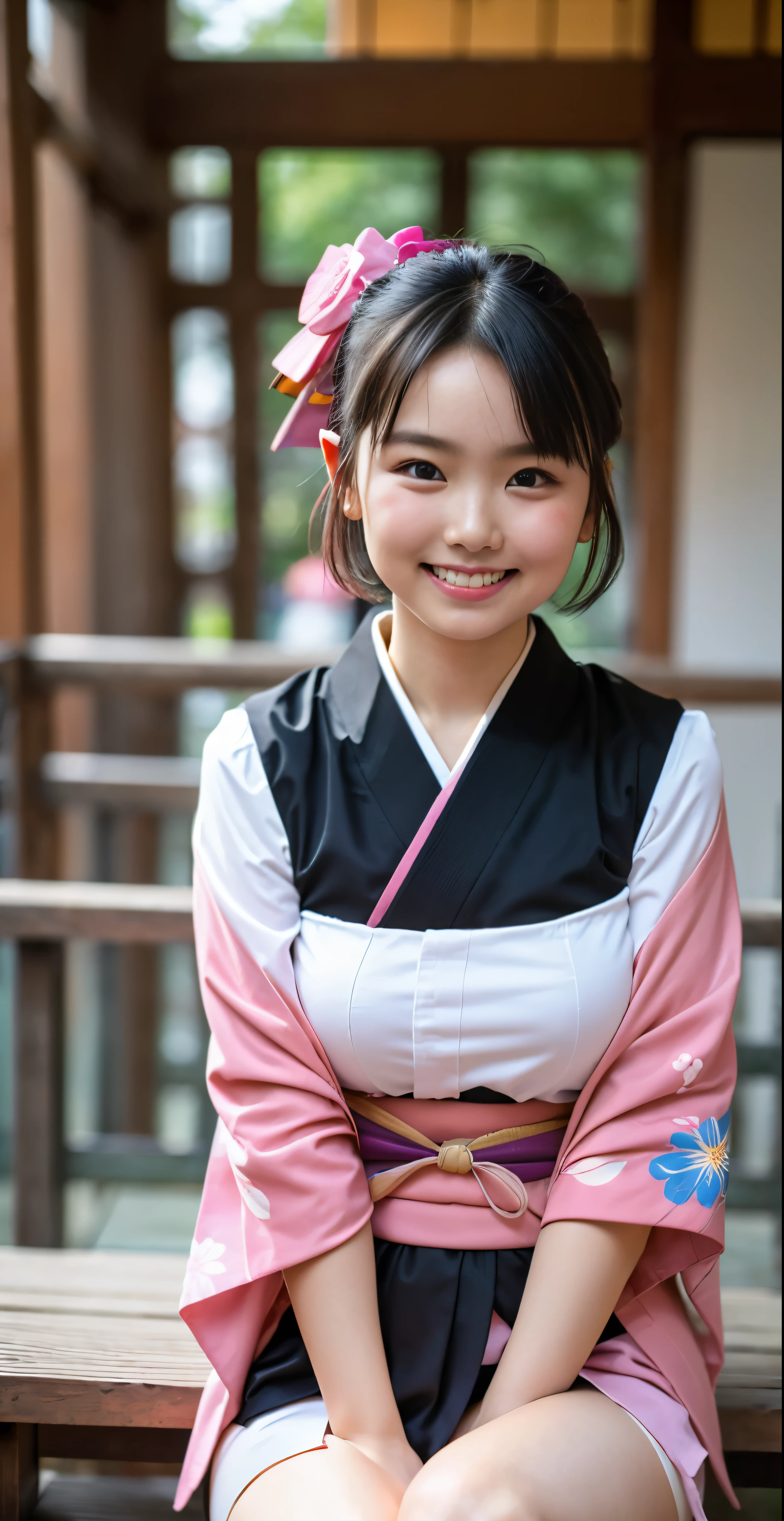 （8K、Raw photography、Highest quality、masterpiece：1.2),(Black-haired、Very short hair:1.9),View Audience,Viewed from the front,erotic,白いskin,(Pink Ranger、Kimono Ranger、Beautiful Girl Kimono Squadron、She is wearing a colorful floral kimono..:1.7)、(Clothing that emphasizes the shape of your chest、Publish one&#39;skin:1.4)、(Big Breasts :1.3)、Slim figure、Ultra-high resolution,beautiful,beautiful fece,(alone, alone、No background:1.9),whole bodyボディー,Japanese women,（Photorealistic：1.37）、Photon Mapping,reality、(Baby-faced and cute: 1.0)、(Cute Smile: 1.7)、(With a round face: 1.8)、Radio City、Physically Based Rendering、Depth of field rally background、photograph, (I can see your knees,Thigh close-up、Too short kimono、Showing white panties:1.4),whole body、Super quality