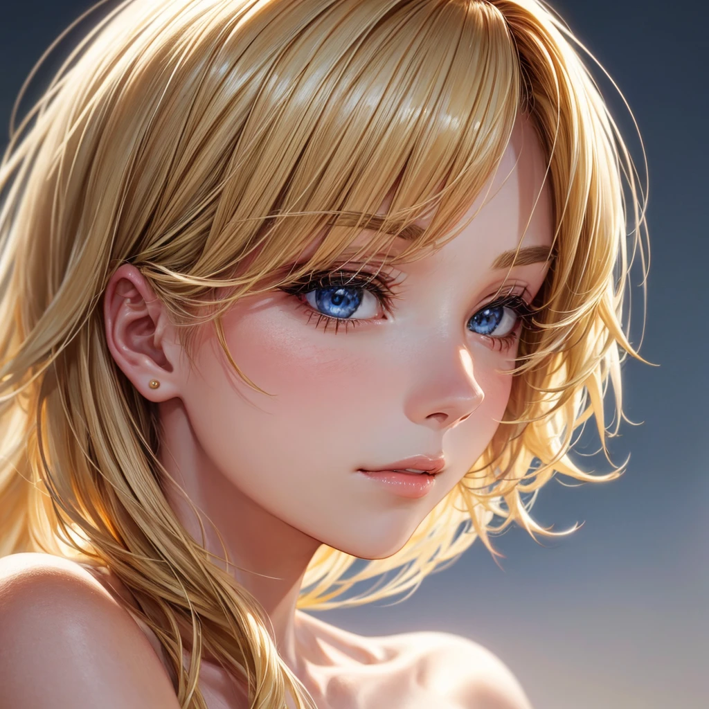 Detailed texture of the face and skin, lovely woman, medium blonde hair, combination