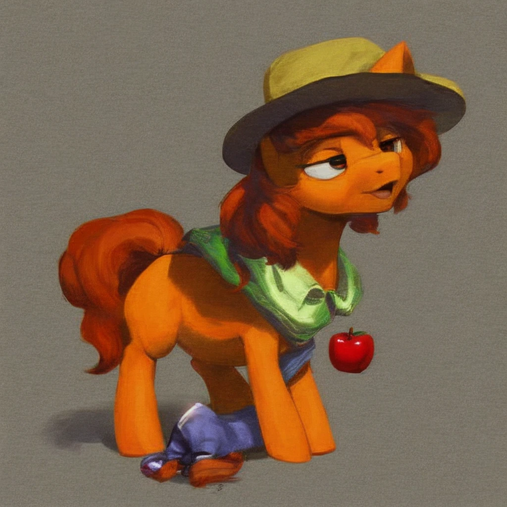 An orange pony wearing a hat and an apple stuck to its bottom.