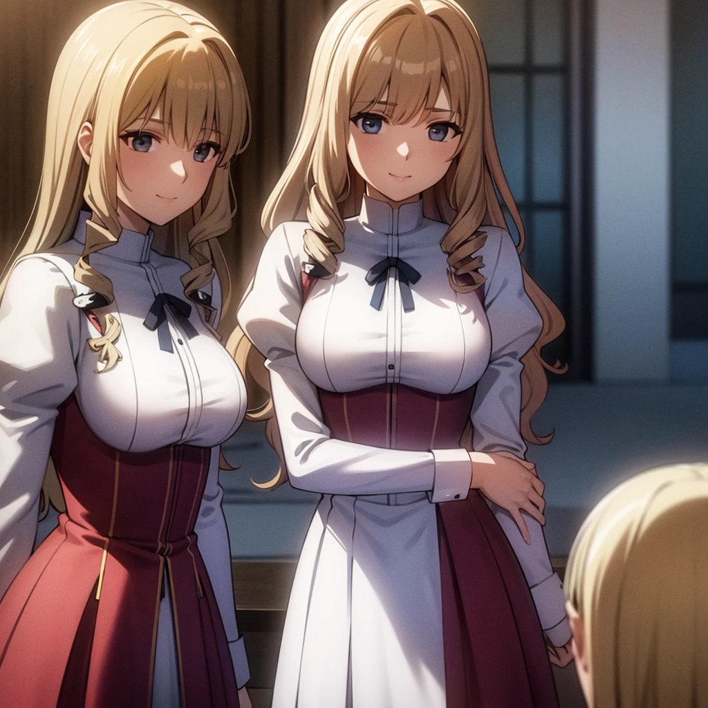 a masterpiece photo of 5 beautiful blonde sisters with curly hair, brown haired sisters, different hair colors, matching hairstyles, hazel eyes, medium bust, matching uniforms, smiling, flat color, same height, organized pose, back to back, best quality, 4k, 8k, highres, masterpiece:1.2, ultra-detailed, realistic, photorealistic, photo-realistic:1.37, HDR, UHD, studio lighting, ultra-fine painting, sharp focus, physically-based rendering, extreme detail description, professional, vivid colors, bokeh