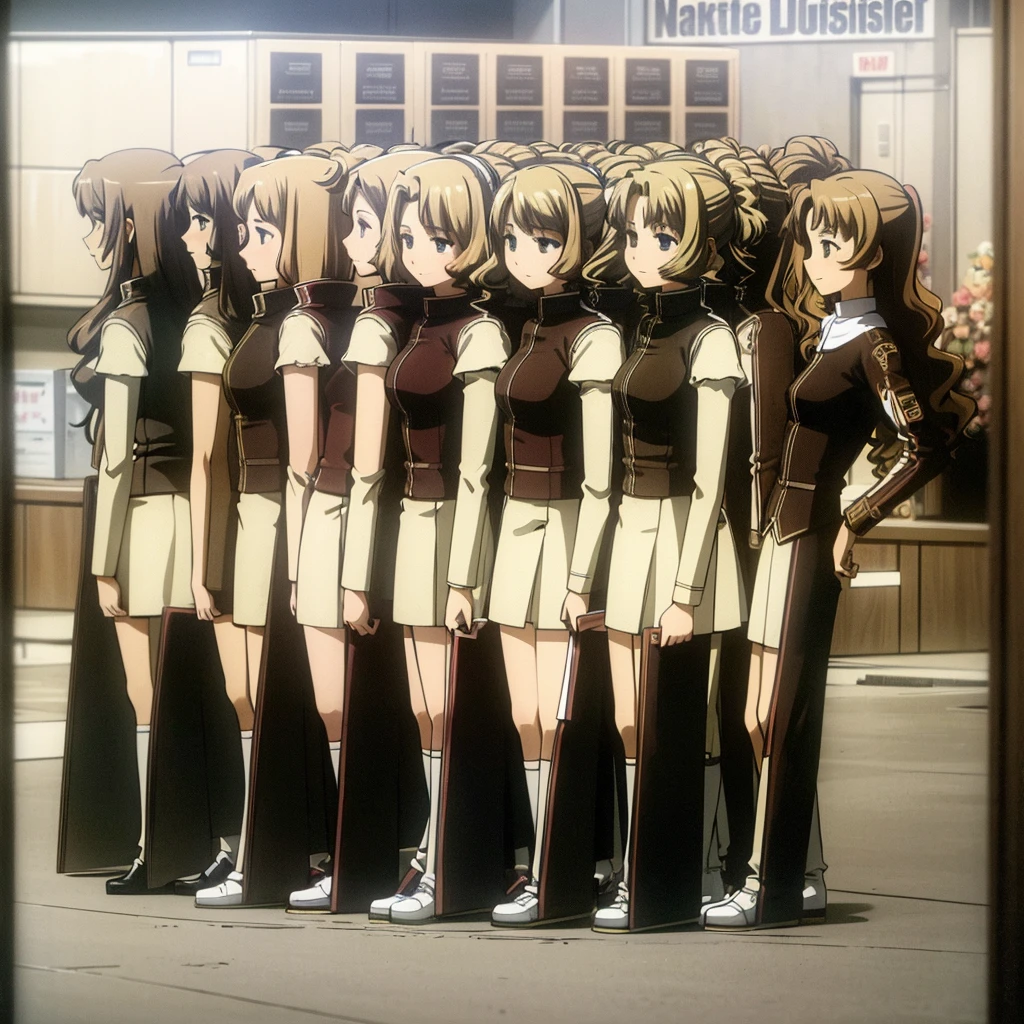 masterpiece, high quality, Multiple girls, organization, Same sisters, Blonde Hair, curls, (brown haired sisters, Blonde sisters, many sisters, Match hairstyle, different hair colors), Hazel eyes, Medium bust, ((Matching Clothing, Uniforms)), Smile, flat_color, Same height, organization pose, Back to back,