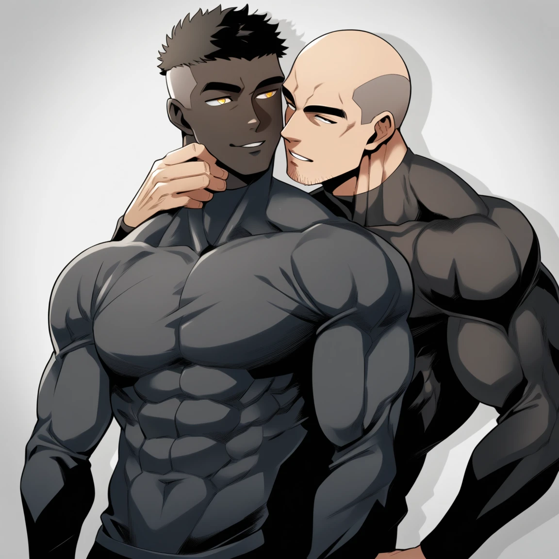 anime characters：Two superheroes in tights, skinhead Muscle Sports Student and Muscle No Face No Eyes skinhead superhero, No Face，negro black skin, They hugged and kissed each other, Bite your neck, Caress, Manliness, male focus, Yellow and black high collar long sleeve tight T-shirt, Slightly transparent material, Very tight, Round, full and perky chest muscles, Muscle waist, Slightly transparent, muscular male, muscular, only, Upper body, alone, Black short hair, Thick eyebrows, stubble, Yellow eyes, Grey background, simple background, amazing quality, best aesthetics, Ridiculous, bright pupils, crew cut, parted lips, seductive smile, torogao, naughty face, drop shadow, best quality