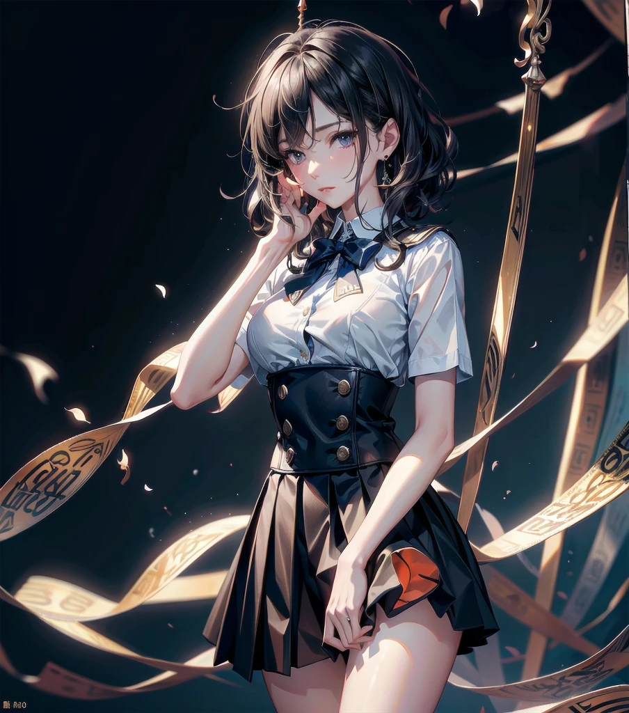 absurdres, RAW photo, extremely delicate and beautiful, masterpiece, Best Quality, ultra high resolution, 32k, hyperrealistic, ultra-detailed, ((perfect anatomy)), super Detailed skin, perfect figure, Very detailed CG 8k wallpaper, in her 20s, very small head, very small face, delicate facial features, tearful mole, earring, very huge round breasts, full body shot, shorter middle hair, wavy hair, ((school_uniform)),
