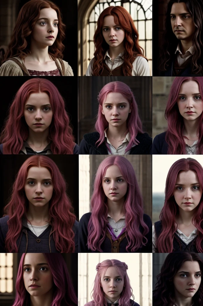 An aesthetic of  Hermione Granger combined with nymphadora tonks, Luna lovegood, Ginny Weasley and Sirius black