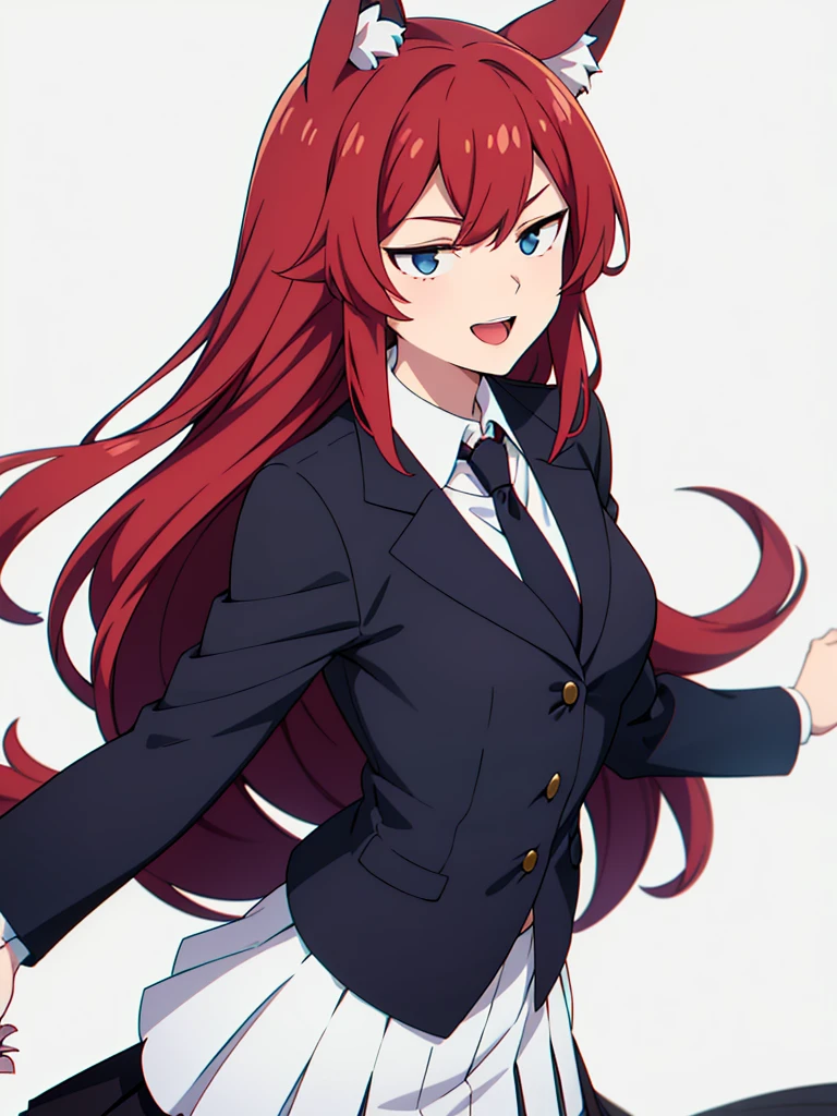 1girl ,solo,20s,mature female,smile,open mouth,red hair,long hair,fox ears,(white background),shirt,black standard tie,blue blazer,long sleeves, black pleated skirt,(upper body)