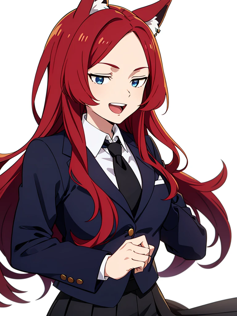 1girl ,solo,20s,mature female,smile,open mouth,red hair,long hair,fox ears,(white background),shirt,black standard tie,blue blazer,long sleeves, black pleated skirt,(upper body)