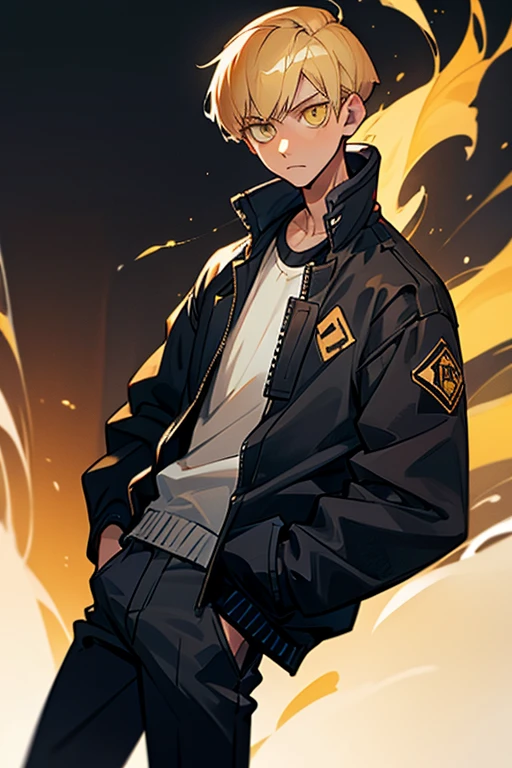 1boy , blonde hair , light yellow eyes , black jacket , white shirt , hands in pocket ,, long wolf cut hairstyle ,,