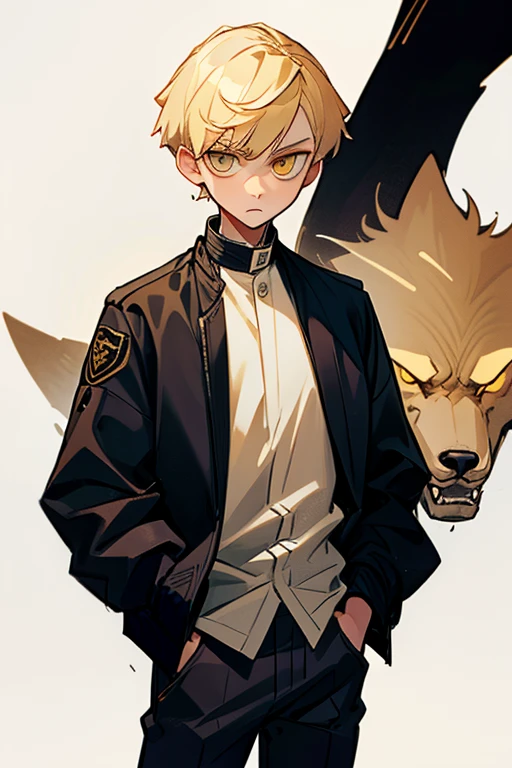 1boy , blonde hair , light yellow eyes , black jacket , white shirt , hands in pocket ,, long wolf cut hairstyle ,,