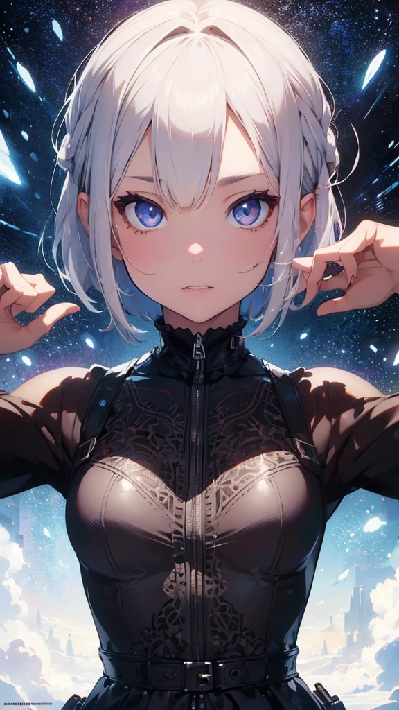 best quality, masterpiece, symmetric highly detailed eyes, girl, highly detailed background, trending on (artstation:1.46), hyperrealistic, cinematic lighting, studio quality, 8k resolution, masterpiece, in the style of Pixar, by Tristan Eaton Stanley Artgerm and Tom Bagshaw, 1 girl, megami magazine, white hair, short hair