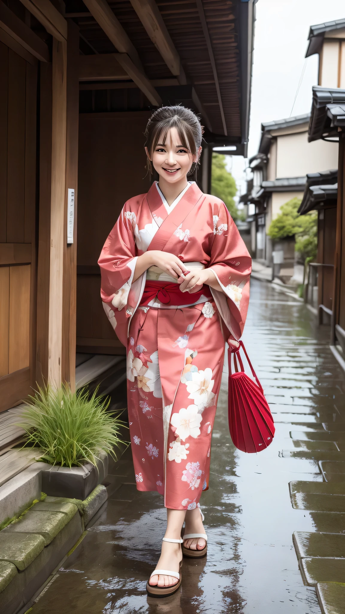 closeup shot , Best picture quality (8K, high resolution, Masterpiece: 1.2), super detailed, 215 Short Hair, -yeld wo,
Situation: A woman in kimono walking down a traditional cobblestone alley in Kyoto, holding a Japanese umbrella.
Attire: Beautiful kimono, obi, and sandals. The umbrella is a bright red color with a delicate pattern on the edge.
Angles: A woman is holding a Japanese umbrella in the rain.
Close-up: The viewer can see the elegant expression on the woman's face in detail as she walks along the rain-soaked cobblestones in her sandals and under her Japanese umbrella.
Detail: The sheen of the rain-soaked cobblestones and the traditional townhouses lining both sides of the alley in the background emphasize the quiet beauty of the scene.
, Close-up of face :1.5
, random cute pose ,big eyes ,Puffy eyes , Heart Pupil, blush , huge shy smile , salute