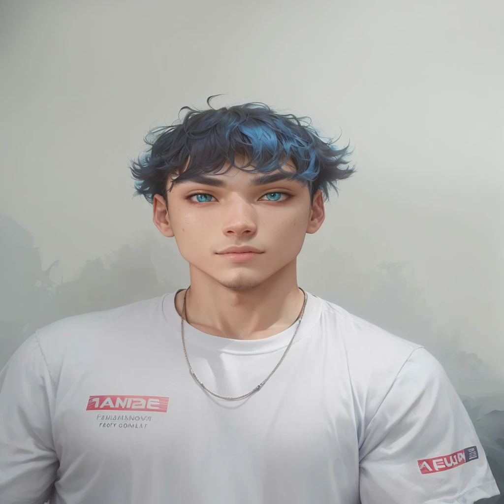 "Transform my friend into a hybrid creature with amphibian and human characteristics. He must look like a blue yordle, similar to the character Fizz from the game League of Legends. Describe your bright blue skin, large, expressive eyes, fins and features that mix the charm of yordles with the agility and adaptability of an amphibian. Make sure he maintains a friendly and adventurous air."