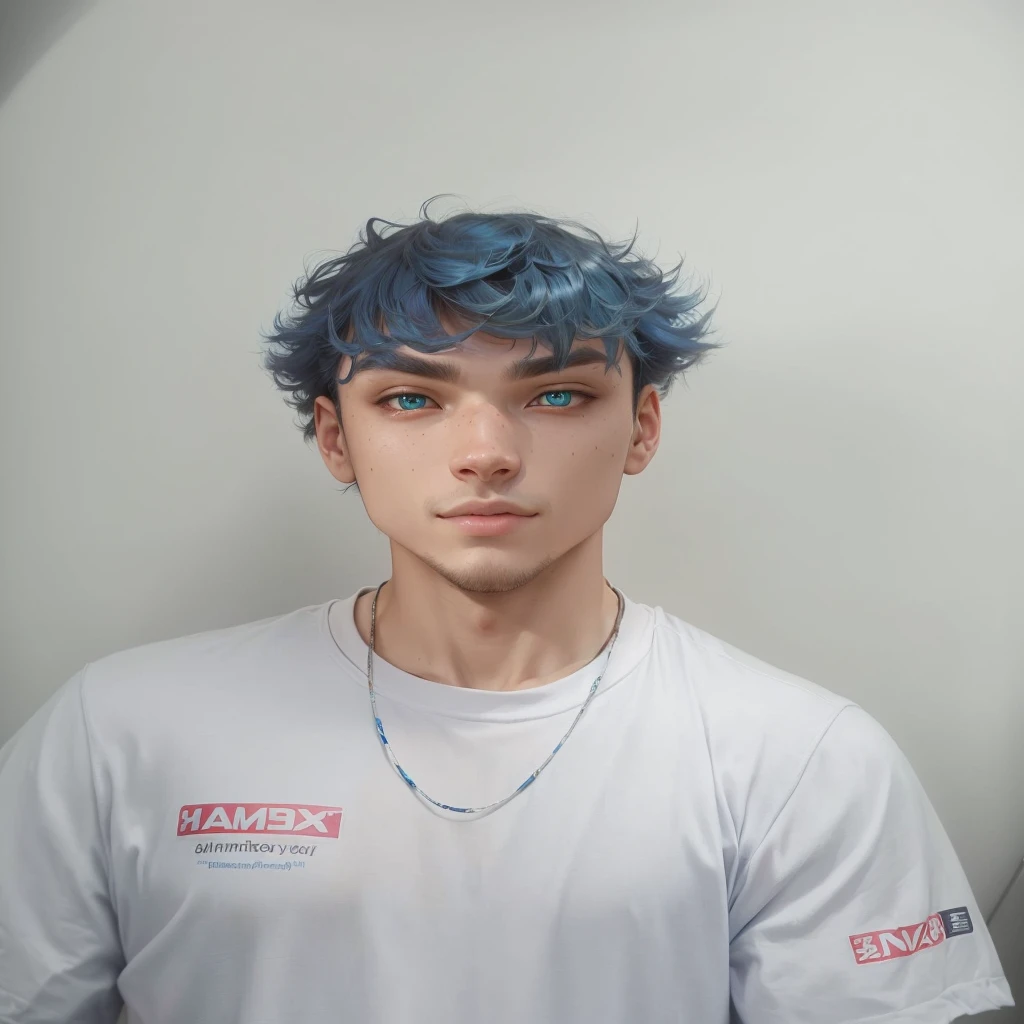 "Transform my friend into a hybrid creature with amphibian and human characteristics. He must look like a blue yordle, similar to the character Fizz from the game League of Legends. Describe your bright blue skin, large, expressive eyes, fins and features that mix the charm of yordles with the agility and adaptability of an amphibian. Make sure he maintains a friendly and adventurous air."