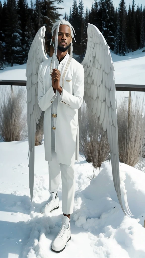 Full body black man, with straight white hair and a beard, with a white set of clothes and with white wings