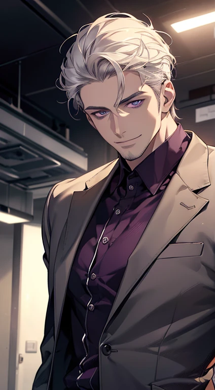(best quality, masterpiece, 8K, photorealistic, cinematic lighting, hdr image, ultra detailed, beautiful image), 1 man, 31 years old, mature man, very handsome, (without expression, smile), short white hair, purple eyes ( penetrating gaze), perfect face without errors, imposing posture, without errors, businessman, office background