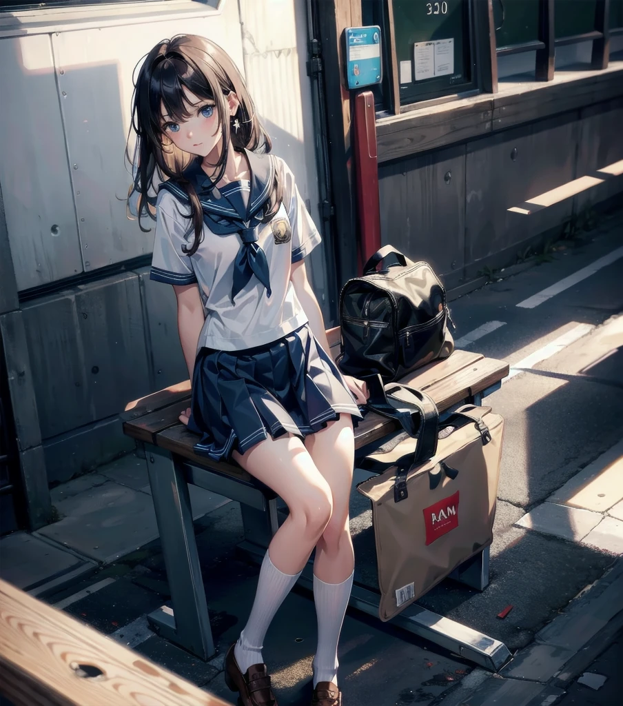 ((((absurdres, RAW photo, extremely delicate and beautiful, masterpiece, Best Quality, ultra high resolution, 32k, hyperrealistic, ultra-detailed)))), ((perfect anatomy)), super Detailed skin, perfect figure, Very detailed CG 8k wallpaper, in her 20s, very small head, very small face, delicate facial features, tearful mole, earring, very huge round breasts, full body shot, shorter middle hair, wavy hair, outdoor, ((((school uniform)))),