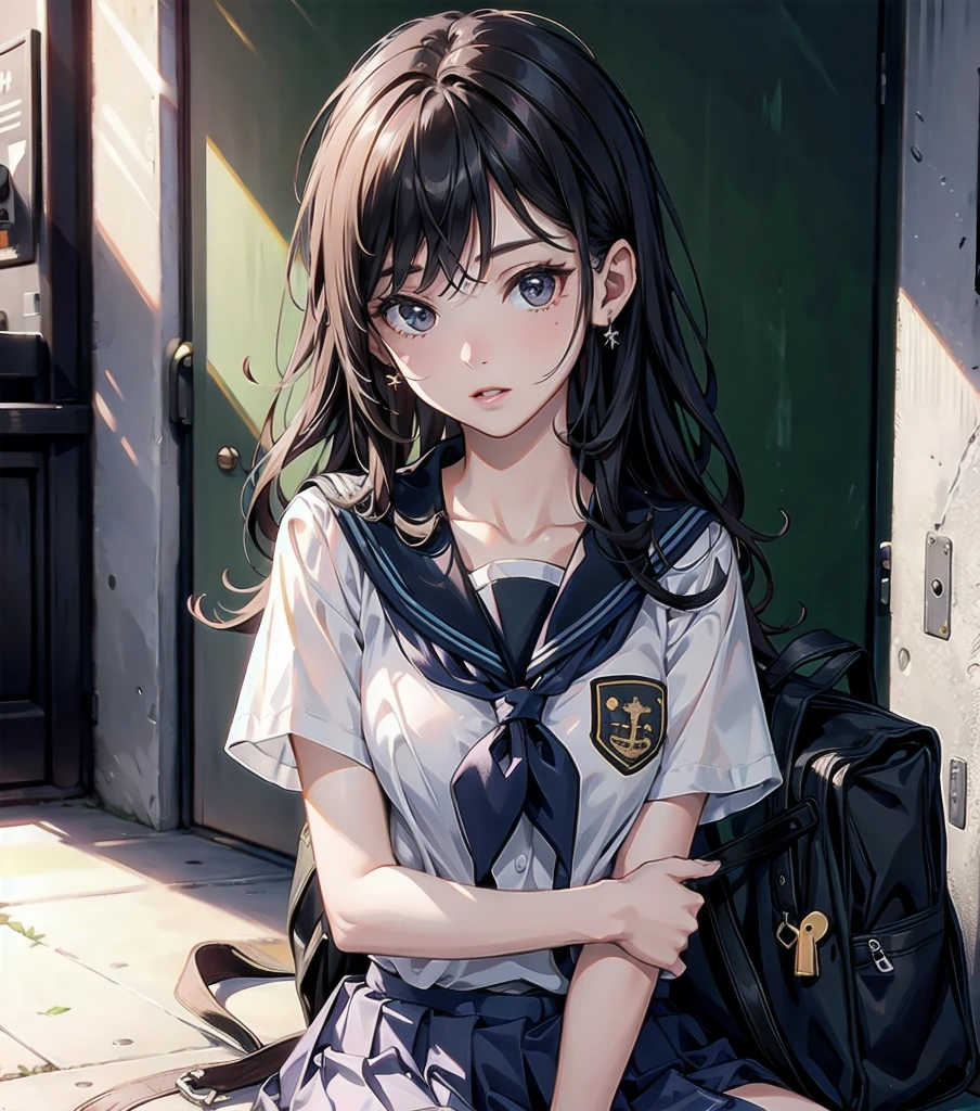 ((((absurdres, RAW photo, extremely delicate and beautiful, masterpiece, Best Quality, ultra high resolution, 32k, hyperrealistic, ultra-detailed)))), ((perfect anatomy)), super Detailed skin, perfect figure, Very detailed CG 8k wallpaper, in her 20s, very small head, very small face, delicate facial features, tearful mole, earring, very huge round breasts, full body shot, shorter middle hair, wavy hair, outdoor, ((((school uniform)))),