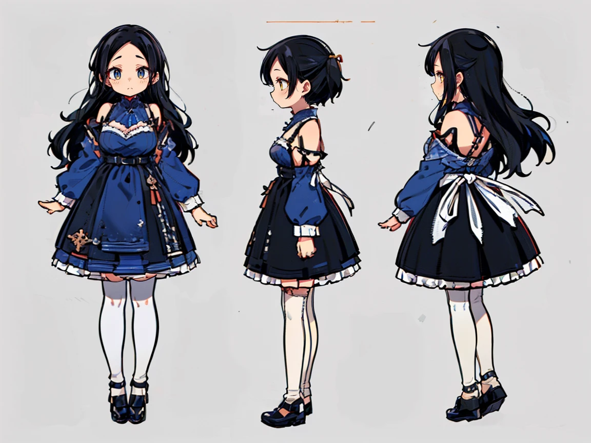 (((three-sided view, front view, side view, back view, multiple views, multiple poses and expressions, many parts)), concept art, character concept art, character sheet, Full body, illustration, (simple background, gray background), 1 character, 1girl, fantasy art:1.1), (hui xiyi:0.8), rekkyo sensen, rekkyou sensen, girls with((black hair, bangs, (one side up, long wavy hair, ribbon:1.55), perfect hands, perfect fingers, (exposed breasts, tits cleavage, breasts close up:1.2), dress((suspenders, dress, belt, nun:1.15), (blue clothes, frills shirt, white knit sweater, long sleeves, frills dress, frills skirt, wind blowing dress, long sleeves, (white legwear:1.55), thighhighs, black footwear, strap shoes:1.42))