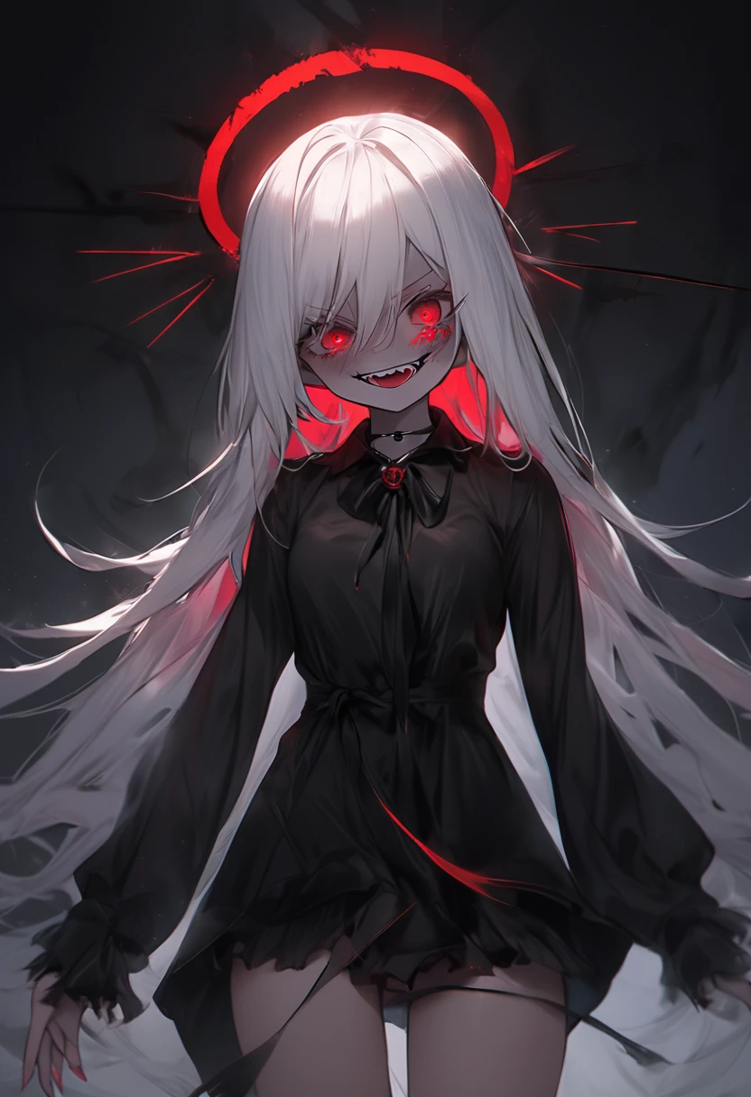 masterpiece , morning , beauty , white hair , red eyes , halo ring angel , soft light , dark vibe , no wings , she looks badass , glowing eyes , horror , scary laugh , yandere