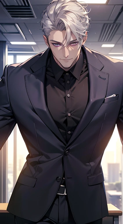 (best quality, masterpiece, 8K, photorealistic, cinematic lighting, hdr image, ultra detailed, beautiful image), 1 man, 31 years old, mature man, very handsome, (without expression, smile), short white hair, purple eyes ( penetrating gaze), perfect face without errors, imposing posture, without errors, businessman, office background