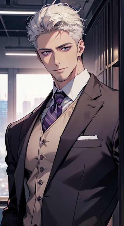 (best quality, masterpiece, 8K, photorealistic, cinematic lighting, hdr image, ultra detailed, beautiful image), 1 man, 31 years old, mature man, very handsome, (without expression, smile), short white hair, purple eyes ( penetrating gaze), perfect face without errors, imposing posture, without errors, businessman, office background