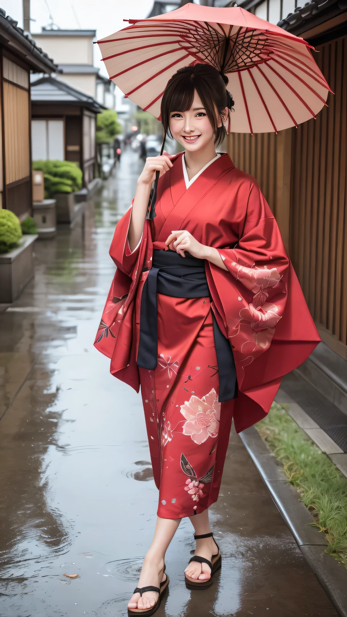 Red wooden clogs、Full Body、Beautiful yukata girl、 The background is a rural night Bon Odori dance、Hello Kitty patterned yukata
