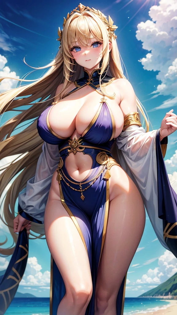 A blonde-haired, pale-skinned, big-ed, big-bottomed girl dressed as a goddess with lots of fabric