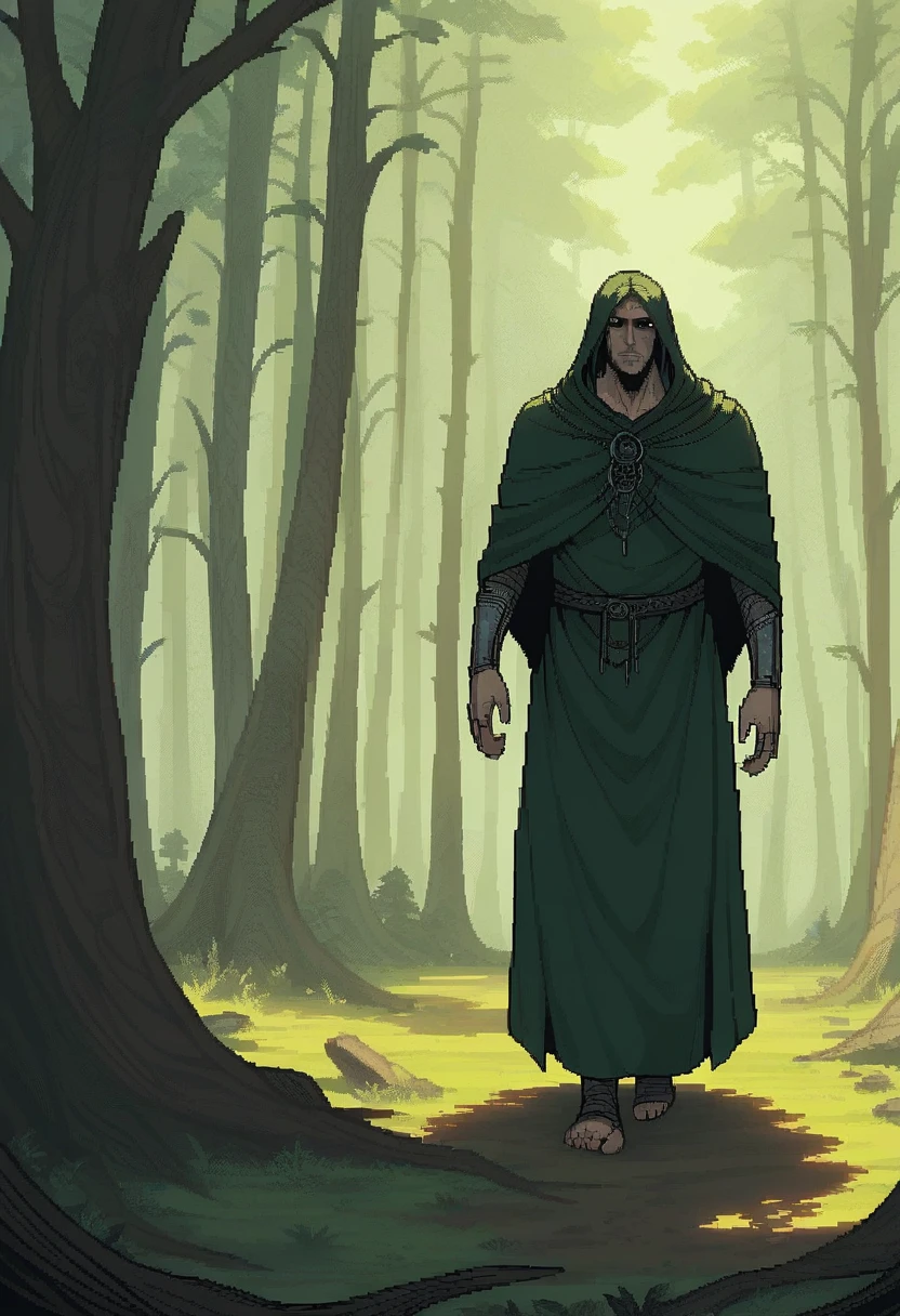 a painting of a man in a cloak walking through a forest, lord of the rings aesthetic, dnd in a dark forest, lothlorien, discovered photo, nazgul, 3 0, lord of the rings concept art, lord of the ring art, beksinkski, nazgul from lord of the rings, makoto sinkai, dark green cloak, Dark fantasy, pixel art