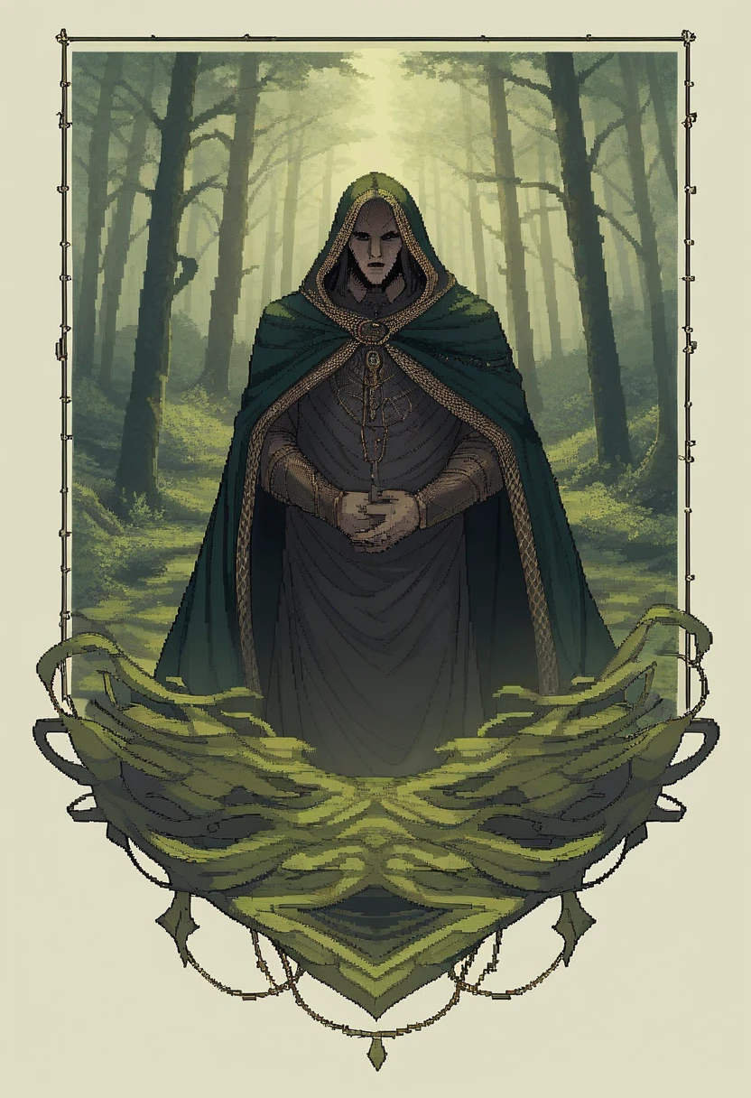 a painting of a man in a cloak walking through a forest, lord of the rings aesthetic, dnd in a dark forest, lothlorien, discovered photo, nazgul, 3 0, lord of the rings concept art, lord of the ring art, beksinkski, nazgul from lord of the rings, makoto sinkai, dark green cloak, Dark fantasy, pixel art