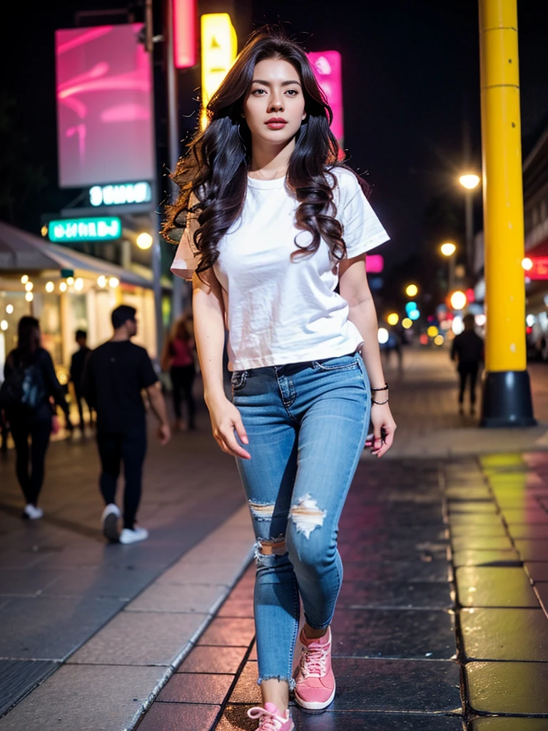 A modest girl, wavy hair, eyeshadow, eyeliners, eyelash, double eyelid, blush on, wearing casual elegant large t-shirt, high-end fashion Lea blue jeans, stilettos, adidas sneakers, smart and confident walk pose, neon night at downtown sidewalk, front view, standing on the floor, dynamic lighting, masterpiece, ultra detailed, movie scene, dramatic photo, perspective, vignette, cinematic