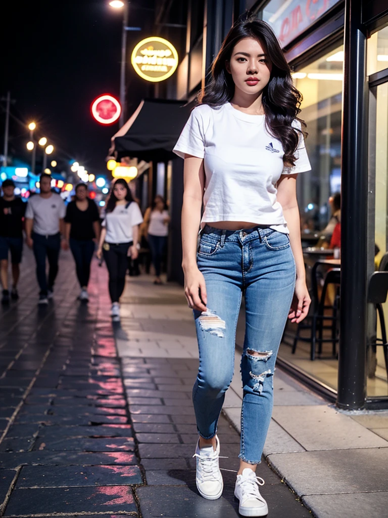 A modest girl, wavy hair, eyeshadow, eyeliners, eyelash, double eyelid, blush on, wearing casual elegant large t-shirt, high-end fashion Lea blue jeans, stilettos, adidas sneakers, smart and confident walk pose, neon night at downtown sidewalk, front view, standing on the floor, dynamic lighting, masterpiece, ultra detailed, movie scene, dramatic photo, perspective, vignette, cinematic