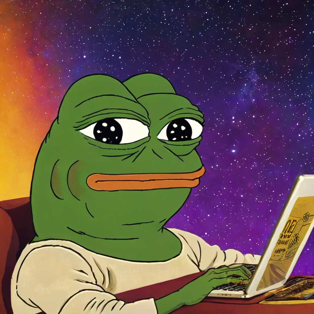 pepe the frog,website is live,happy,colorful,cartoon style,whimsical,meme,internet culture,vibrant colors,funny,quirky,digital art,illustration,dynamic composition,humorous,bright,playful,detailed,cute,memetic,internet meme,viral,pop culture