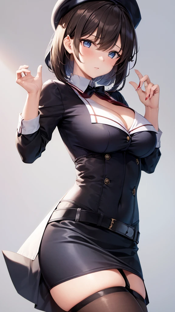 (masterpiece, best quality:1.2),illustration,8k,hd,1girl,solo,upper body,(portrait:1.2),takao \(kancolle\),black hair,red eyes,short hair,large breasts,long sleeves,hat,black gloves,black thighhighs,miniskirt,blue skirt,military uniform,beret,garter straps,blue jacket,blue headwear,pencil skirt, ((panty shot))