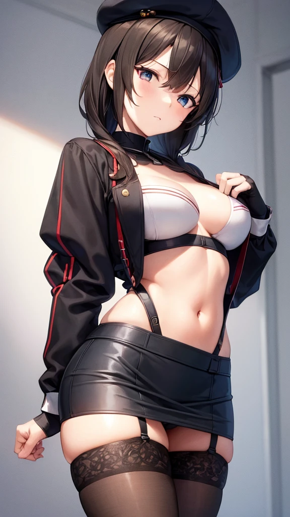 (masterpiece, best quality:1.2),illustration,8k,hd,1girl,solo,upper body,(portrait:1.2),takao \(kancolle\),black hair,red eyes,short hair,large breasts,long sleeves,hat,black gloves,black thighhighs,miniskirt,blue skirt,military uniform,beret,garter straps,blue jacket,blue headwear,pencil skirt, ((panty shot))