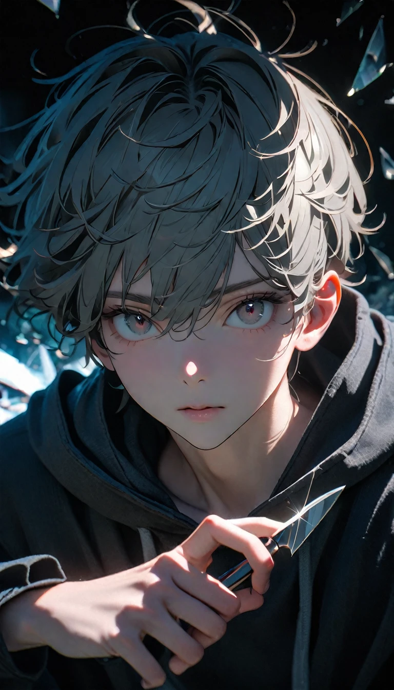 (8K, RAW photos, best quality, masterpiece: 1.4), (((The boy stands in absolute darkness))),Ultra-high resolution, Extremely detailed,Upper body close-up, handsome boy, black eyes, (delicate eyes, Eyes are bright:1.2), Gray short hair, Fair skin,dark, Grey sweatshirt, sweatshirt with hood,(perfect anatomy:1.2), High-quality shadows, Natural Lighting, (White highlights:1.2), night, cloudy day, (Broken glass flying:1.2), (Boning knife in hand:1.2)