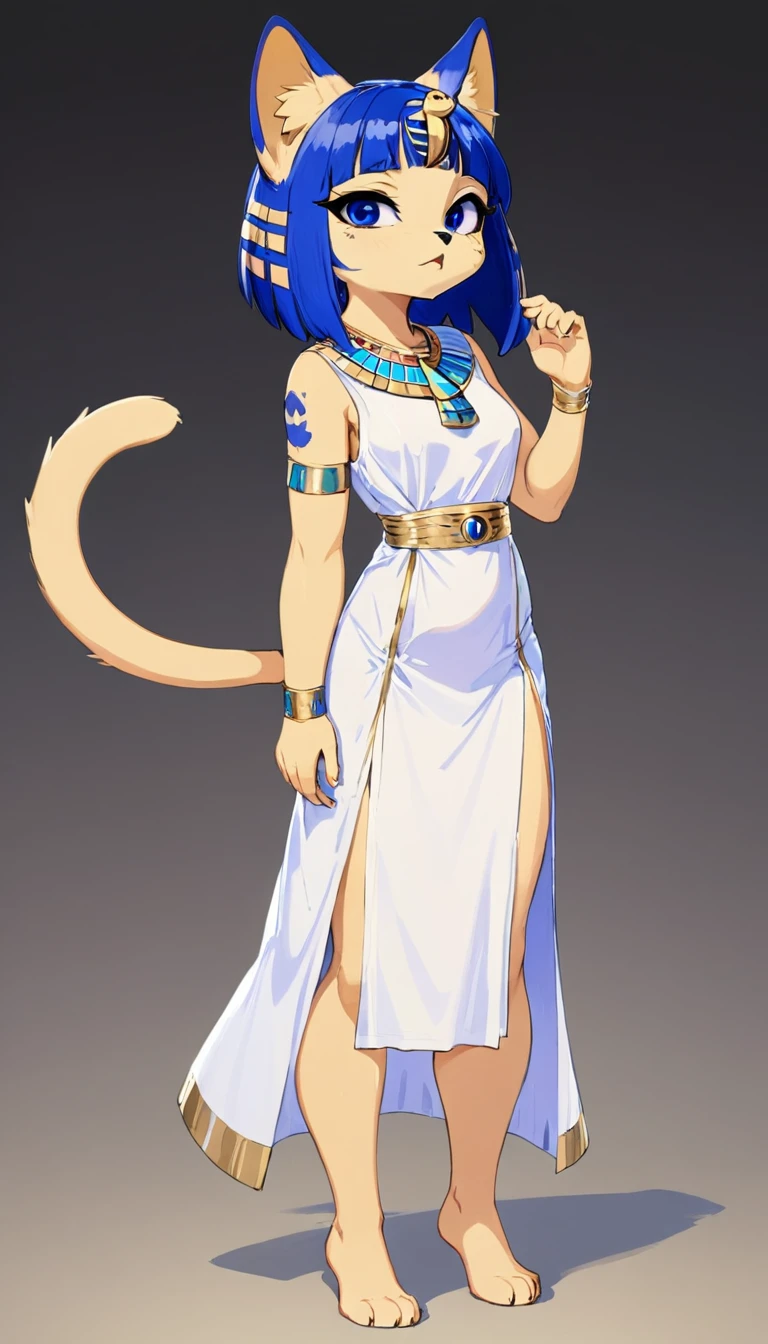 1girl，Artist Name，Egyptian cat，Blue Hair，skin，Keep your mouth shut，Wear，whole body，solo，Standing，猫Tail，Keep your mouth shut，Wear，Looking at the audience,Animal Crossing Furry, Blue Hair, Hair accessories, 黄skin, black eyes, White Dress, Tail, (masterpiece), ((best quality), ((high resolution)), (Extremely detailed CG unity 8k wallpaper),