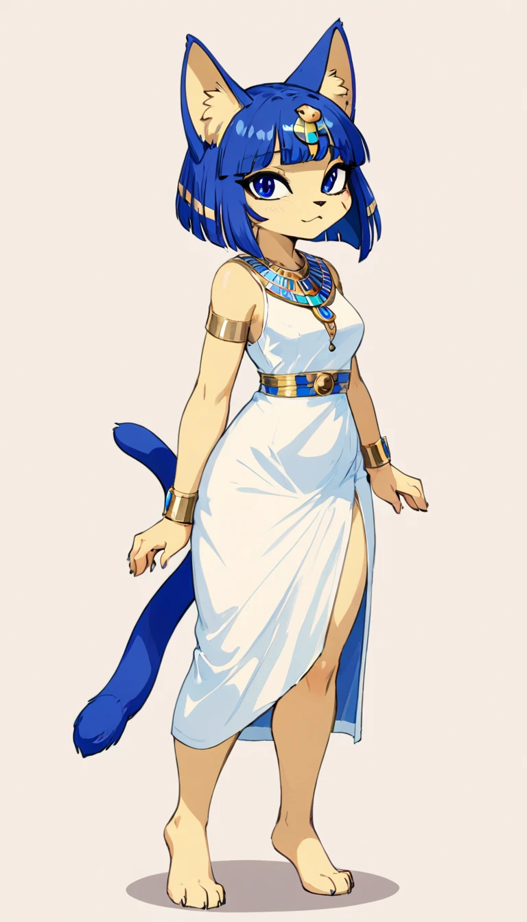 1girl，Artist Name，Egyptian cat，Blue Hair，skin，Keep your mouth shut，Wear，whole body，solo，Standing，猫Tail，Keep your mouth shut，Wear，Looking at the audience,Animal Crossing Furry, Blue Hair, Hair accessories, 黄skin, black eyes, White Dress, Tail, (masterpiece), ((best quality), ((high resolution)), (Extremely detailed CG unity 8k wallpaper),