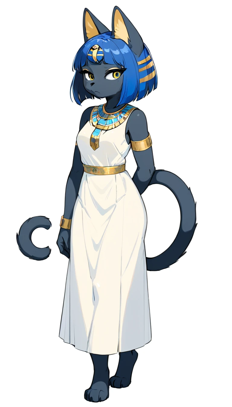 1girl，Artist Name，Egyptian cat，Blue Hair，skin，Keep your mouth shut，Wear，whole body，solo，Standing，猫Tail，Keep your mouth shut，Wear，Looking at the audience,Animal Crossing Furry, Blue Hair, Hair accessories, 黄skin, black eyes, White Dress, Tail, (masterpiece), ((best quality), ((high resolution)), (Extremely detailed CG unity 8k wallpaper),