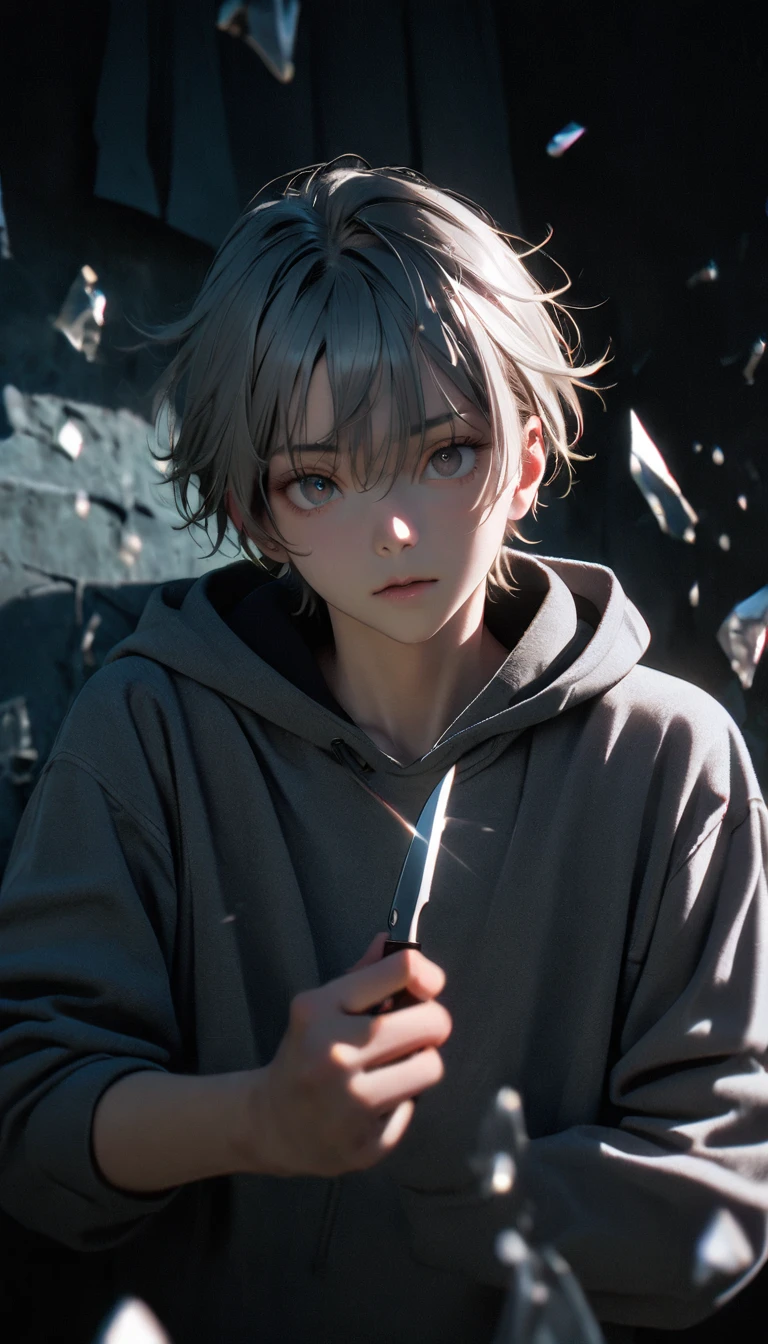 (8K, RAW photos, best quality, masterpiece: 1.4), (((The boy stands in absolute darkness))),Ultra-high resolution, Extremely detailed,Upper body close-up, handsome boy, black eyes, (delicate eyes, Eyes are bright:1.2), Gray short hair, Fair skin,dark, Grey sweatshirt, sweatshirt with hood,(perfect anatomy:1.2), High-quality shadows, Natural Lighting, (White highlights:1.2), night, cloudy day, (Broken glass flying:1.2), (Boning knife in hand:1.2)